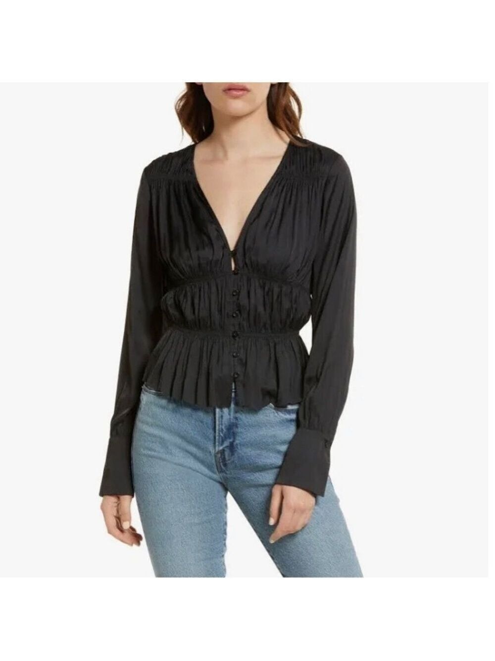 Frame Shirred V-Neck Long Sleeved Blouse in Noir Size XS S